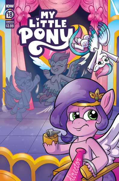 Size: 2063x3131 | Tagged: safe, artist:marybellamy, derpibooru import, idw, official, pipp petals, zipp storm, pegasus, pony, g5, spoiler:comic, spoiler:g5, spoiler:g5comic, spoiler:g5comic18, :s, adorazipp, blushing, bow, chair, comic cover, cover, cover art, curtains, cute, cutie mark swap, dancing, diadem, director, director's chair, female, headband, high res, image, jewelry, mare, multeity, my little pony logo, official comic, png, regalia, royal sisters (g5), siblings, sisters, smiling, spread wings, swapped cutie marks, unshorn fetlocks, upside down, wavy mouth, whistle, wings, zipparade