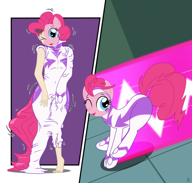 Size: 1967x1873 | Tagged: safe, artist:redpaladin, derpibooru import, fili-second, pinkie pie, earth pony, human, pony, g4, human to pony, image, living clothes, living suit, png, power ponies, transformation