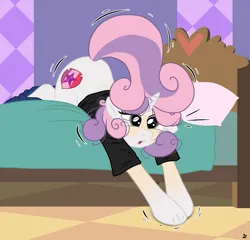 Size: 1961x1879 | Tagged: safe, artist:redpaladin, derpibooru import, sweetie belle, human, pony, unicorn, g4, bed, horn, human to pony, image, lying down, png, prone, solo, tail, transformation