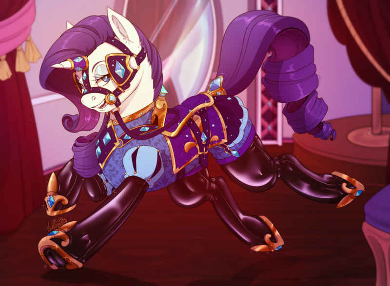 Size: 1500x1100 | Tagged: safe, artist:twoshoesmcgee, derpibooru import, fleur-de-lis, rarity, pony, unicorn, g4, bit gag, blinders, bridle, clothes, female, floating, frog (hoof), gag, horn, horseshoes, image, indoors, latex, lead, png, pony play, rubber, saddle, shiny, solo, sparkles, tack, transfixed, underhoof