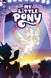 Size: 2063x3131 | Tagged: safe, artist:abby bulmer, derpibooru import, idw, official, zipp storm, pegasus, pony, unicorn, g5, spoiler:comic, spoiler:g5comic, spoiler:g5comic19, colored hooves, comic cover, cover, cover art, crowd, curtains, eyes closed, female, flying, happy, high res, hoof heart, hoof hold, hooves, horn, image, mare, microphone, my little pony logo, official comic, offscreen character, open mouth, open smile, png, silhouette, silver hooves, smiling, spotlight, spread wings, stage, swapped cutie marks, underhoof, unshorn fetlocks, wings