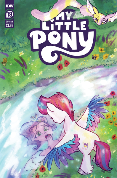 Size: 2063x3131 | Tagged: safe, artist:sophie scruggs, derpibooru import, idw, official, pipp petals, unnamed character, zipp storm, bee, insect, pegasus, pony, snail, g5, spoiler:comic, spoiler:g5comic, spoiler:g5comic19, colored hooves, comic cover, cover, cover art, diadem, feathered fetlocks, female, flower, grass, headband, high res, hooves, image, jewelry, looking at someone, mare, milkyway, my little pony logo, official comic, open mouth, png, reflection, regalia, river, royal sisters (g5), siblings, silver hooves, sisters, spread wings, swapped cutie marks, unaware, unshorn fetlocks, water, wings, wishing well nymph