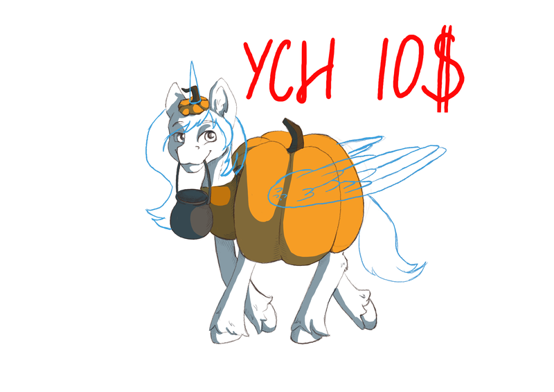 Size: 3508x2480 | Tagged: safe, artist:ardilya, derpibooru import, oc, clothes, commission, costume, digital art, halloween, halloween costume, holiday, image, png, pumpkin, pumpkin costume, simple background, solo, trick or treat, white background, ych sketch, your character here