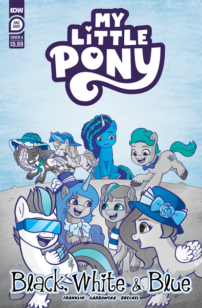 Size: 2063x3131 | Tagged: safe, artist:agnesgarbowska, derpibooru import, idw, official, hitch trailblazer, izzy moonbow, pipp petals, sunny starscout, violette rainbow, zipp storm, earth pony, pegasus, pony, unicorn, zebra, g5, spoiler:comic, spoiler:g5comic, applejack (g5), bowtie, clothes, coat markings, comic cover, confused, cover, cover art, eyes closed, female, filly, fluttershy (g5), foal, freckles, grin, happy, hat, high res, horn, image, male, mane five, mane six (g5), mane stripe sunny, mare, misty brightdawn, my little pony logo, my little pony: black white & blue, official comic, one of these things is not like the others, open mouth, open smile, partial color, pinkie pie (g5), pinto, png, rainbow dash (g5), rarity (g5), running, scarf, skye, smiling, stallion, sunglasses, twilight sparkle (g5), unshorn fetlocks, vitiligo