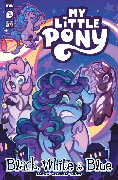 Size: 2063x3131 | Tagged: safe, artist:syd hall, derpibooru import, idw, official, izzy moonbow, violette rainbow, pony, unicorn, zebra, g5, braces, comic cover, cover, cover art, female, filly, foal, high res, horn, image, mare, misty brightdawn, my little pony logo, my little pony: black white & blue, official comic, png, skye, variant cover