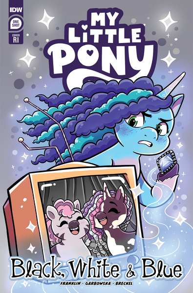 Size: 2063x3131 | Tagged: safe, artist:shauna j. grant, derpibooru import, idw, official, violette rainbow, pony, unicorn, zebra, g5, braces, comic cover, cover, cover art, female, filly, foal, high res, horn, image, mare, misty brightdawn, my little pony logo, my little pony: black white & blue, official comic, png, skye, variant cover