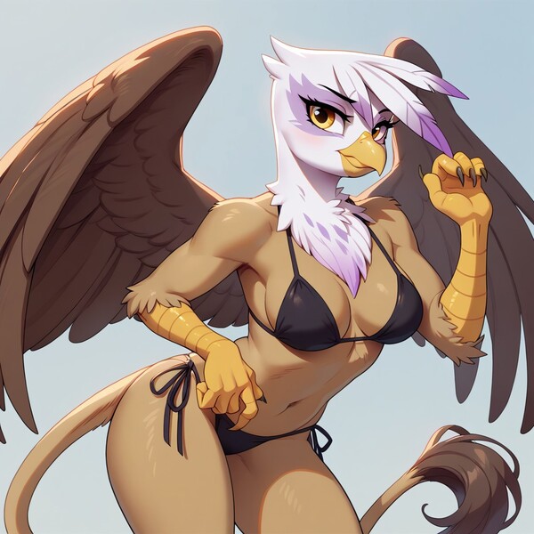 Size: 1024x1024 | Tagged: safe, ai content, derpibooru import, prompter:pzkratzer, gilda, anthro, gryphon, g4, belly, belly button, bikini, clothes, image, jpeg, looking at you, sexy, simple background, solo, swimsuit