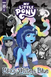 Size: 2063x3131 | Tagged: safe, artist:caseycoller, derpibooru import, idw, official, izzy moonbow, violette rainbow, alicorn, pony, unicorn, g5, black white & blue, braces, comic cover, cover, cover art, female, high res, horn, image, mare, misty brightdawn, my little pony logo, my little pony: black white & blue, official comic, opaline arcana, png, skye, variant cover