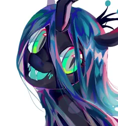 Size: 2268x2416 | Tagged: safe, artist:shiqiuzhu, derpibooru import, queen chrysalis, changeling, changeling queen, pony, g4, bust, crown, fangs, female, image, jewelry, mare, png, regalia, simple background, smiling, solo, white background