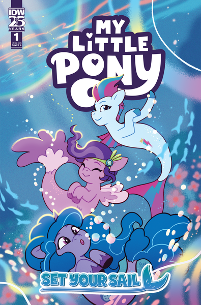 Size: 2063x3131 | Tagged: safe, artist:paulina ganucheau, derpibooru import, idw, official, izzy moonbow, pipp petals, zipp storm, pegasus, pony, seapony (g4), unicorn, g5, spoiler:comic, spoiler:g5comic, bubble, comic cover, cover, cover art, crepuscular rays, cute, dorsal fin, eyes closed, female, fin, fin wings, fins, fish tail, flowing mane, flowing tail, happy, high res, horn, image, looking at each other, looking at someone, mare, my little pony logo, my little pony: set your sail, ocean, official comic, open mouth, open smile, png, pony history, royal sisters (g5), sea pony (g5), seaponified, seapony izzy moonbow, seapony pipp petals, seapony zipp storm, seaweed, set your sail #1, siblings, sisters, smiling, smiling at each other, species swap, sunlight, swimming, tail, underwater, water, wings