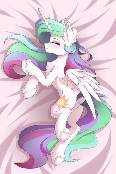 Size: 3000x4500 | Tagged: safe, artist:natanvok, derpibooru import, princess celestia, alicorn, pony, g4, blushing, body pillow, body pillow design, butt, chest fluff, cute, cutelestia, dock, ear fluff, eyes closed, featureless crotch, female, hoof fluff, horn, image, leg fluff, lying down, mare, missing accessory, plot, png, side, smiling, solo, tail, underhoof, wings