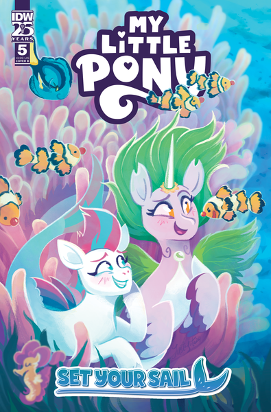 Size: 2063x3131 | Tagged: safe, artist:justasuta, derpibooru import, idw, official, zipp storm, fish, merpony, pegasus, pony, seahorse, seapony (g4), g5, my little pony: tell your tale, spoiler:comic, spoiler:g5, spoiler:g5comic, blushing, bubble, clownfish, comic cover, coral, cover, cover art, cute, dorsal fin, duo, duo female, female, fin, fin wings, fins, fish tail, flowing mane, flowing tail, green mane, happy, horn, image, long horn, looking at each other, looking at someone, mare, my little pony: set your sail, ocean, open mouth, open smile, pearl, png, princess anemone, scales, sea pony (g5), seaponified, seapony zipp storm, seaweed, set your sail #5, smiling, smiling at each other, species swap, spread wings, sunlight, swimming, tail, teeth, two toned mane, underwater, unshorn fetlocks, water, wings