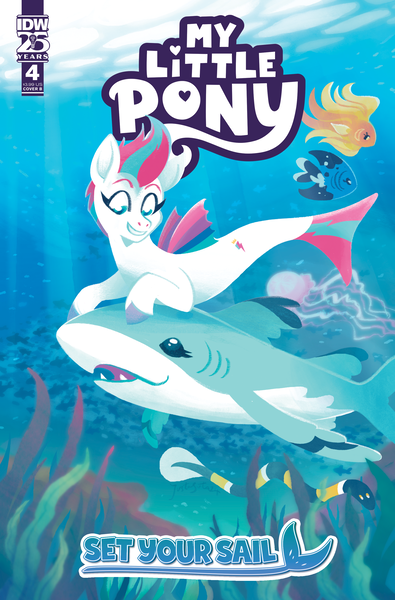 Size: 2063x3131 | Tagged: safe, artist:justasuta, derpibooru import, idw, official, zipp storm, eel, fish, jellyfish, merpony, pegasus, pony, seapony (g4), shark, g5, my little pony: tell your tale, spoiler:comic, spoiler:g5, bubble, comic cover, coral, cover, cover art, cute, dorsal fin, fangs, female, fin, fish tail, flowing mane, flowing tail, happy, image, mare, my little pony: set your sail, ocean, official comic, open mouth, open smile, png, scales, sea pony (g5), seaponified, seapony zipp storm, seaweed, set your sail, set your sail #4, smiling, solo, species swap, sunlight, swimming, tail, teeth, underwater, water