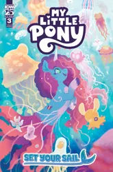 Size: 2063x3131 | Tagged: safe, artist:justasuta, derpibooru import, idw, official, fish, jellyfish, merpony, pony, sea pony, seapony (g4), unicorn, g5, spoiler:comic, spoiler:g5comic, beautiful, bubble, cloven hooves, comic, comic cover, coral, cover, cover art, crepuscular rays, curly mane, curly tail, cute, female, fish tail, flowing mane, flowing tail, freckles, happy, horn, image, jewelry, logo, mare, misty brightdawn, my little pony: set your sail, necklace, ocean, official comic, open mouth, open smile, png, rebirth misty, scales, sea pony (g5), seaponified, seapony misty brightdawn, seaweed, set your sail #3, smiling, species swap, sunlight, swimming, tail, underwater, unshorn fetlocks, water