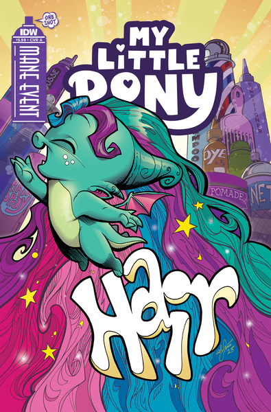 Size: 2063x3131 | Tagged: safe, artist:andy price, derpibooru import, idw, official, sparky sparkeroni, dragon, g5, abstract background, baby, baby dragon, comic, comic cover, cover, cover art, hair, high res, image, male, my little pony logo, my little pony: mane event, official comic, png, solo, text