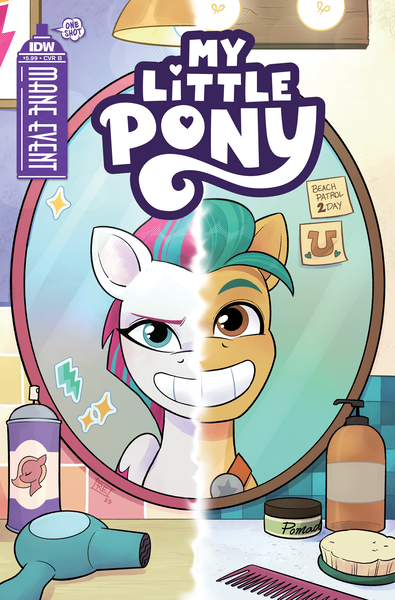 Size: 2063x3131 | Tagged: safe, artist:shauna j. grant, derpibooru import, idw, official, hitch trailblazer, zipp storm, earth pony, pegasus, pony, g5, comb, comic, comic cover, cover, cover art, female, hair dryer, hairspray, high res, hitch trailblazer's cutie mark, image, lightbulb, male, mare, mirror, my little pony logo, my little pony: mane event, official comic, png, sponge, stallion, sticky note, text