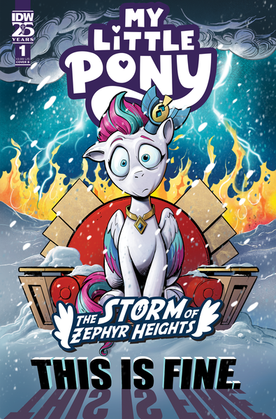 Size: 2063x3131 | Tagged: safe, artist:andy price, artist:andypriceart, derpibooru import, idw, official, zipp storm, pegasus, pony, g5, spoiler:comic, spoiler:g5, spoiler:g5comic, andy you magnificent bastard, cloud, cloudy, comic cover, cover, cover art, crown, female, fire, image, jewelry, lightning, mare, meme, my little pony logo, my little pony: the storm of zephyr heights, official comic, png, regalia, solo, storm, the storm of zephyr heights #1, this is fine, throne, variant cover