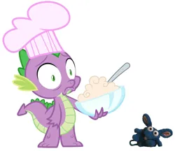 Size: 1403x1210 | Tagged: safe, anonymous artist, anonymous editor, derpibooru import, edit, spike, dragon, g4, 2023, chef's hat, crisp rat, hat, image, male, png, shocked, shocked expression, simple background, solo, solo male, surprised, white background, wide eyes