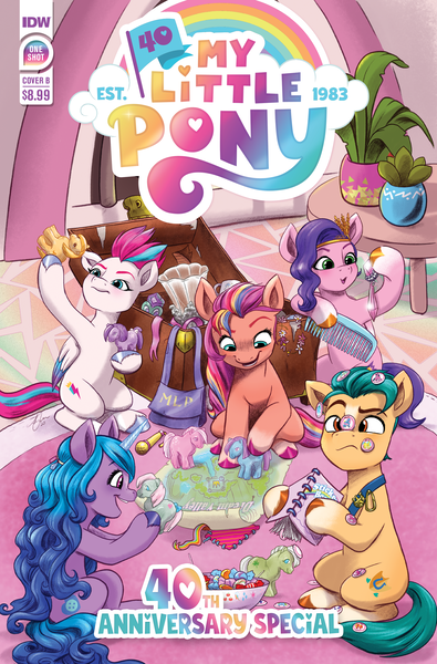 Size: 2063x3131 | Tagged: safe, artist:amy mebberson, derpibooru import, idw, official, blossom, blue belle, butterscotch (g1), cotton candy (g1), hitch trailblazer, izzy moonbow, minty (g1), pipp petals, snuzzle, sunny starscout, zipp storm, earth pony, pegasus, pony, unicorn, g1, g5, my little pony: a new generation, spoiler:comic, 40th anniversary, anniversary, comb, comic, comic cover, cover, cover art, cute, female, high res, horn, image, male, mane five, mane stripe sunny, mare, my little pony 40th anniversary special, my little pony logo, official comic, original six, plant, playing, png, royal sisters (g5), siblings, sisters, stallion, sticker, toy