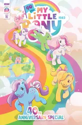 Size: 2063x3131 | Tagged: safe, artist:alexa cordeiro, derpibooru import, idw, official, blossom, blue belle, butterscotch (g1), cotton candy (g1), minty (g1), snuzzle, earth pony, pony, g1, spoiler:comic, 40th anniversary, castle, cloud, comic cover, cover, cover art, dream castle, female, high res, image, mare, my little pony 40th anniversary special, my little pony logo, official comic, original six, png, rainbow, river, sky, text, water