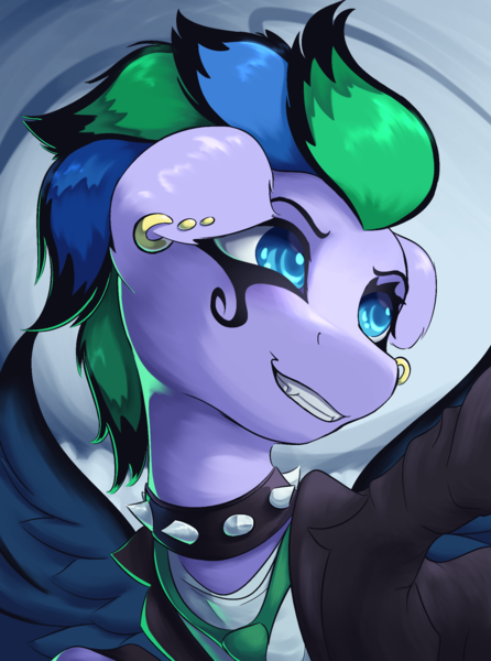 Size: 1560x2100 | Tagged: safe, artist:princess_rari, derpibooru import, idw, cirrus cloud, pegasus, pony, g4, bust, clothes, ear piercing, face paint, female, image, mare, necktie, nose piercing, piercing, png, portrait, solo