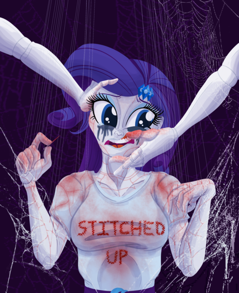 Size: 2250x2750 | Tagged: grimdark, artist:sixes&sevens, derpibooru import, rarity, fanfic, fanfic:the sunset archives, equestria girls, g4, blood, fanfic art, fanfic cover, hand, horror, image, makeup, mannequin, needle, png, puppet strings, running makeup, scared, spider web, thread