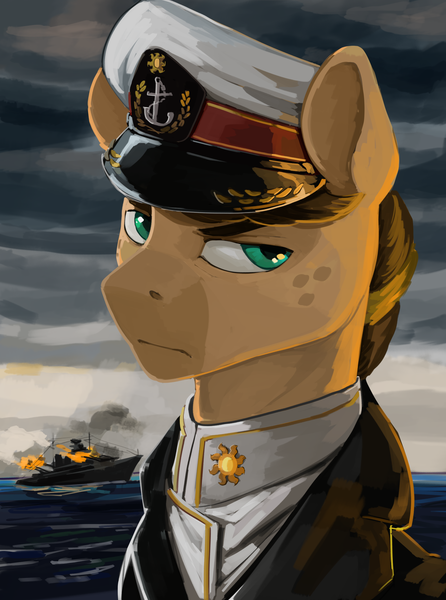 Size: 1872x2520 | Tagged: safe, artist:kelkessel, derpibooru import, oc, oc:light shine, unofficial characters only, pony, equestria at war mod, admiral, cap, clothes, freckles, hat, image, military uniform, pin, png, pony oc, ship, solo, sun, uniform