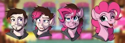 Size: 1920x660 | Tagged: suggestive, artist:acesential, pinkie pie, oc, human, beard, clothes, facial hair, fetish, human to pony, image, one eye closed, png, transformation, transformation sequence, transgender transformation, wink