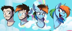 Size: 1920x840 | Tagged: suggestive, artist:acesential, rainbow dash, pegasus, beard, clothes, cloudsdale, facial hair, human to pony, image, mid-transformation, png, solo, transformation, transformation sequence, transgender transformation