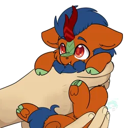 Size: 2168x2215 | Tagged: safe, artist:rokosmith26, derpibooru import, oc, oc:jack masters, kirin, pony, cheek fluff, commission, cute, floppy ears, high res, holding, holding a pony, horn, image, in goliath's palm, kirin oc, looking up, male, png, pouting, signature, simple background, size difference, solo, stallion, transparent background, underhoof, ych result, your character here