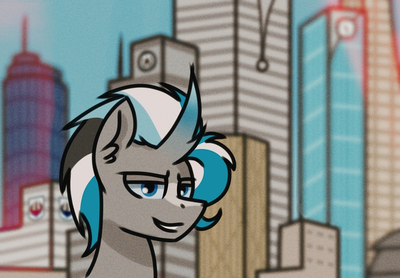 Size: 3604x2508 | Tagged: safe, artist:northglow, derpibooru import, oc, oc:flame belfrey, unofficial characters only, unicorn, city, detailed background, horn, image, jpeg, looking at you, sky, smiling, smiling at you, smug, symbols, unicorn oc