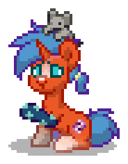 Size: 184x236 | Tagged: safe, derpibooru import, oc, oc:milky way, unofficial characters only, elephant, pony, unicorn, pony town, g4, blaze (coat marking), blue hair, blue mane, blue tail, clothes, coat markings, cyan eyes, digital art, facial markings, horn, image, male, offspring, orange coat, parent:sunburst, parent:trixie, parents:trixburst, pixel art, png, ponytail, raised hoof, simple background, sitting, socks, socks (coat marking), solo, stallion, tail, transparent background, unicorn oc