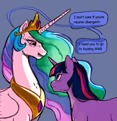 Size: 867x897 | Tagged: safe, artist:meshcorpse, derpibooru import, princess celestia, twilight sparkle, alicorn, pony, unicorn, g4, crown, dialogue, duo, duo female, female, folded wings, horn, image, jewelry, looking at each other, looking at someone, mare, peytral, png, regalia, speech bubble, unicorn twilight, vulgar, wings