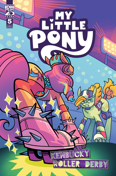 Size: 2063x3131 | Tagged: safe, artist:kate sherron, derpibooru import, idw, official, sunny starscout, earth pony, pony, g5, my little pony: tell your tale, spoiler:comic, spoiler:g5, spoiler:g5comic, angry, captain buck, comic, comic cover, cover, cover art, duo, duo male and female, female, gritted teeth, high res, image, jojo reference, kenbucky roller derby #5, male, mare, meme, my little pony: kenbucky roller derby, official comic, oh you're approaching me, png, roller derby, roller skates, showdown, skates, sparkles, stallion, teeth