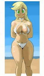 Size: 1715x2928 | Tagged: suggestive, artist:dashed_____, derpibooru import, applejack, human, g4, beach, belly, belly button, bikini, blushing, breasts, clothes, female, image, jpeg, looking at you, nudity, panties, partial nudity, smiling, solo, solo female, swimsuit, thong, thong swimsuit, underwear