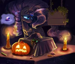 Size: 4700x4000 | Tagged: safe, artist:anastas, derpibooru import, part of a set, grape stem, nightmare rarity, pony, spider, unicorn, series:ask nightmare rarity, g4, ask, candle, candlelight, candy, detailed background, ethereal mane, eyelashes, eyeshadow, female, flowing mane, food, halloween, holiday, horn, image, indoors, jewelry, makeup, mare, mlp art ask (ru), nightmare night, nightmarified, png, pumpkin, regalia, slit pupils, solo, spider web, starry mane, starry tail, tail