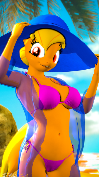 Size: 2160x3840 | Tagged: suggestive, artist:theebicduck, ponerpics import, oc, unofficial characters only, anthro, art pack:equestria bikini club 2, 3d, beach, bikini, breasts, clothes, female, hat, image, looking at someone, png, solo, string bikini, swimsuit