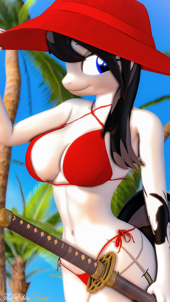 Size: 2160x3840 | Tagged: suggestive, artist:theebicduck, ponerpics import, oc, unofficial characters only, anthro, art pack:equestria bikini club 2, 3d, bikini, breasts, clothes, curvy, female, hat, image, katana, looking at you, png, string bikini, swimsuit, sword, weapon