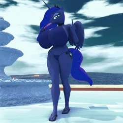 Size: 2430x2430 | Tagged: suggestive, artist:kamimation, ponerpics import, princess luna, anthro, art pack:equestria bikini club 2, 3d, big breasts, bikini, breasts, clothes, feet, female, food, image, jpeg, looking at you, middle finger, popsicle, sandals, solo, string bikini, swimsuit, vulgar