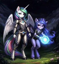 Size: 896x960 | Tagged: safe, ai content, anonymous prompter, derpibooru import, machine learning generated, princess celestia, princess luna, alicorn, anthro, pony, armor, clothes, duo, duo female, fantasy, female, foal, forest, hooves, image, jewelry, jpeg, magic, nature, night, royal sisters, siblings, sisters, spell, tree, young, younger