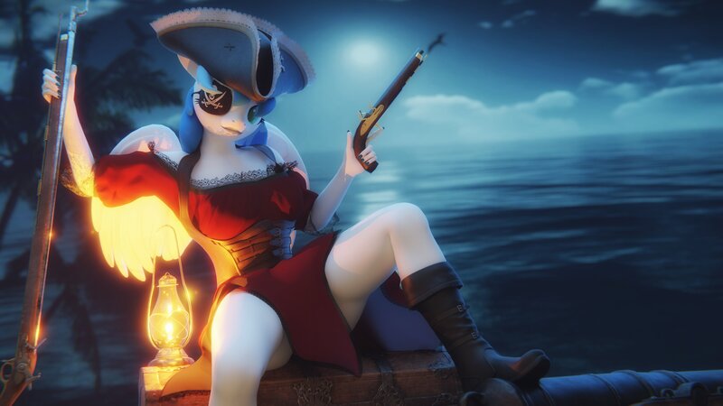 Size: 3840x2160 | Tagged: safe, artist:artempredator, ponerpics import, oc, unofficial characters only, anthro, 3d, boots, breasts, clothes, cosplay, costume, eyepatch, female, gun, halloween, holiday, image, jpeg, night, pirate, shoes, solo, weapon