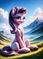 Size: 1024x1408 | Tagged: safe, ai content, derpibooru import, machine learning generated, prompter:ilham470, starlight glimmer, pony, unicorn, g4, fluffy, horn, image, png, solo, thin