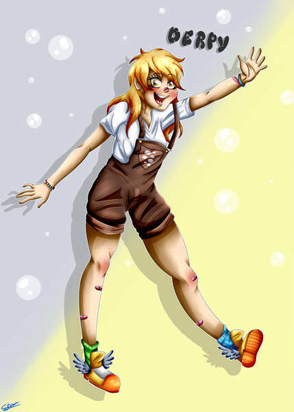 Size: 5905x8267 | Tagged: safe, artist:starblossom15, derpibooru import, derpy hooves, human, bandage, bandaid, bandaid on nose, blushing, bracelet, clothes, cute, derpabetes, female, humanized, image, jewelry, jpeg, mismatched socks, open mouth, overalls, shirt, shoes, sneakers, socks, solo, t-shirt, waving, wristband