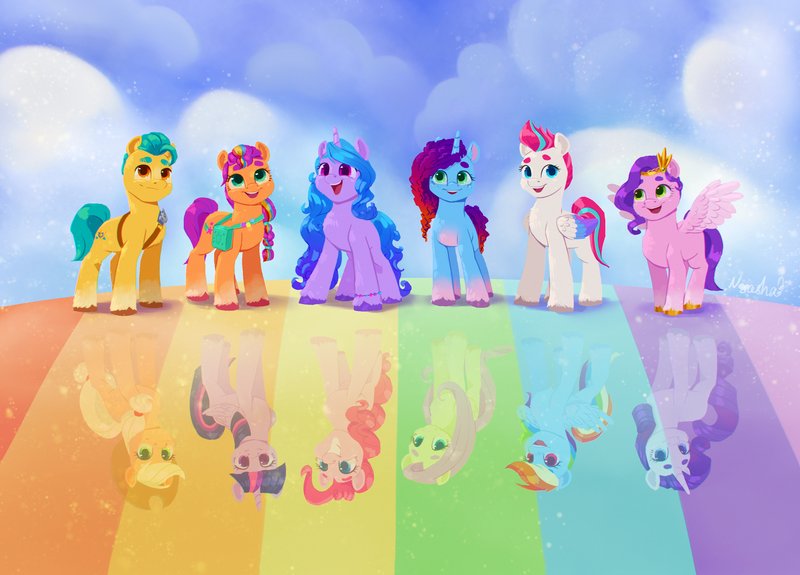 Size: 3004x2160 | Tagged: safe, artist:noasha, derpibooru import, applejack, fluttershy, hitch trailblazer, izzy moonbow, pinkie pie, pipp petals, rainbow dash, rarity, sunny starscout, twilight sparkle, twilight sparkle (alicorn), zipp storm, alicorn, earth pony, pegasus, pony, unicorn, g4, g5, applejack (g5), female, fluttershy (g5), high res, hitch and his heroine, horn, image, izzy and her heroine, male, mane five, mane six, mane six (g5), mare, misty and her heroine, misty brightdawn, open mouth, open smile, pinkie pie (g5), pipp and her heroine, png, rainbow, rainbow dash (g5), rarity (g5), rebirth misty, reflection, smiling, spread wings, stallion, sunny and her heroine, sunny's bag, twilight sparkle (g5), wings, zipp and her heroine