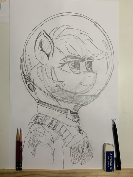 Size: 3024x4032 | Tagged: safe, artist:ciaran, derpibooru import, rainbow dash, pegasus, pony, g4, luna eclipsed, season 2, clothes, cosplay, costume, derpibooru exclusive, drafting board, eraser, female, halloween, helmet, hidden wings, holiday, hoof shoes, image, looking up, mare, mlp fim's fourteenth anniversary, nightmare night, nightmare night costume, pencil, pencil drawing, photo, png, simple background, smiling, solo, spacesuit, traditional art, white background