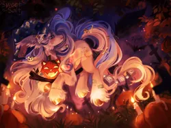 Size: 2560x1920 | Tagged: safe, artist:sweettsa1t, derpibooru import, oc, unofficial characters only, earth pony, pony, broom, candle, cheek fluff, ear fluff, female, flying, flying broomstick, halloween, hat, high res, holiday, image, jack-o-lantern, mare, night, outdoors, png, pumpkin, signature, solo, unshorn fetlocks, witch hat