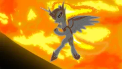 Size: 1920x1080 | Tagged: safe, artist:agreylongma, derpibooru import, daybreaker, alicorn, pony, g4, armor, female, fire, image, jewelry, jujutsu kaisen, mane of fire, mare, png, regalia, sharp teeth, solo, spread wings, teeth, wings