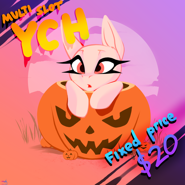 Size: 2500x2500 | Tagged: safe, artist:darky_wings, derpibooru import, oc, unofficial characters only, pony, any gender, any race, chibi, commission, fixed price, gradient background, halloween, halloween 2024, holiday, image, multislot, png, pumpkin, solo, your character here