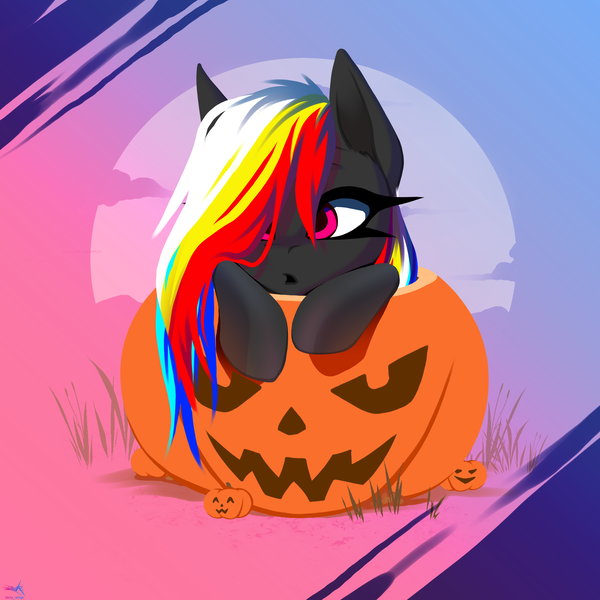 Size: 2500x2500 | Tagged: safe, artist:darky_wings, derpibooru import, oc, oc:darky wings, unofficial characters only, pegasus, pony, commission, gradient background, halloween, halloween 2024, holiday, image, png, pumpkin, solo, ych example, your character here