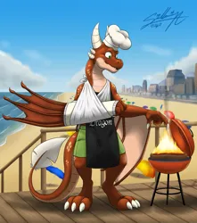 Size: 2315x2620 | Tagged: safe, artist:lutharieotterdreamer, derpibooru import, oc, oc:ash, dragon, wyvern, apron, bandage, barbeque, beach, broken bone, broken wing, cast, chef's hat, claws, clothes, colored wings, commission, cooking, dragon oc, dragonified, food, hat, image, injured, jpeg, non-pony oc, nonbinary, shorts, sling, species swap, tail, wings